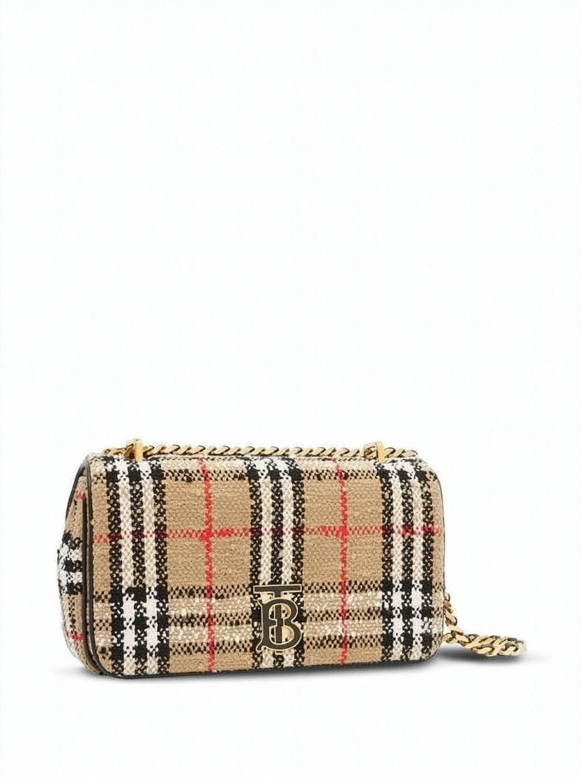 Burberry Small Rectangular Check Pattern Shoulder Bag With Gold-Tone Monogram