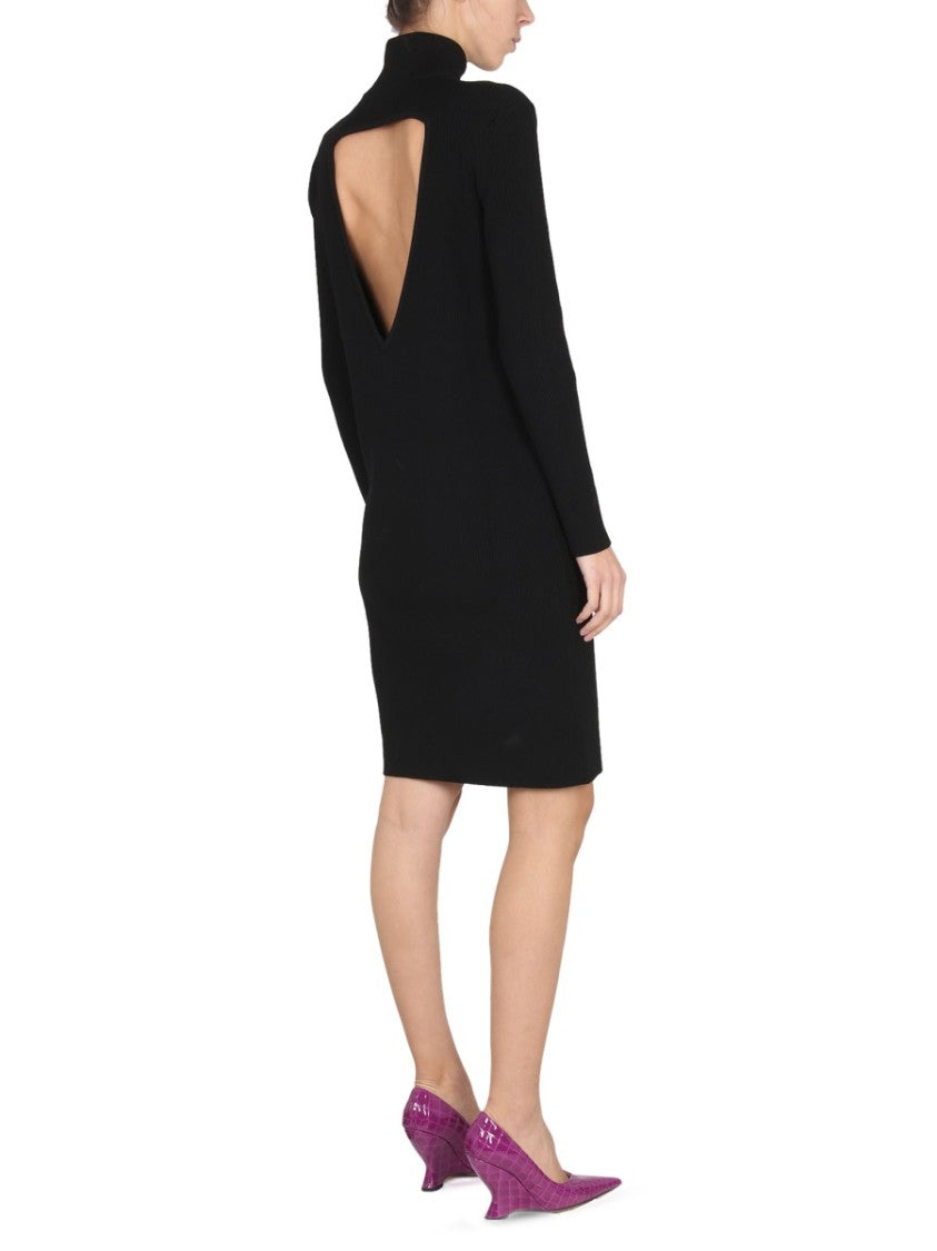 Bottega Veneta High Neck Ribbed Knit Dress With Textured Silhouette