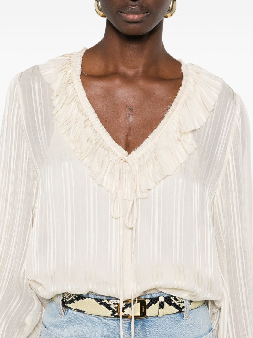 Pinko Sheer Blouse With Ruffled V-Neck