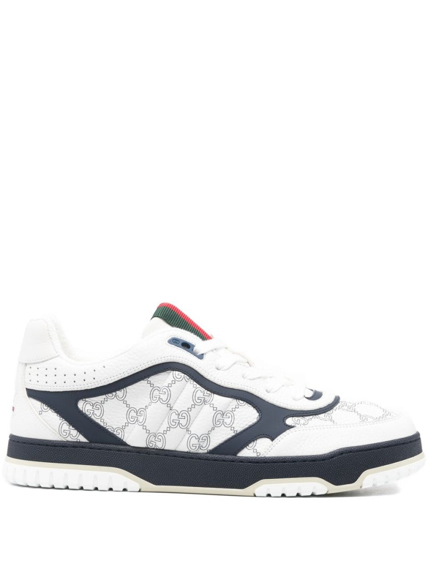Gucci White Calfskin Flat Shoes With Navy Overlays