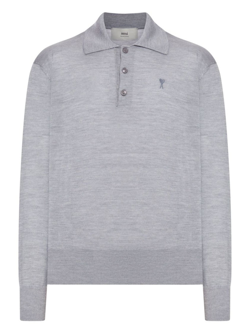 Ami Paris Grey Wool Embroidered Detail Polo Shirt