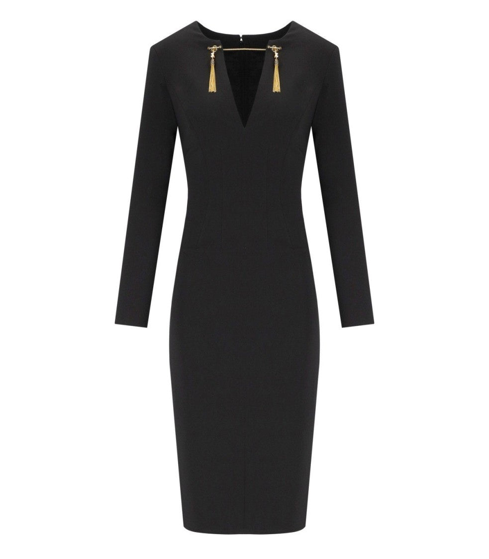 Elisabetta Franchi Black Sheat Dress With Tassels
