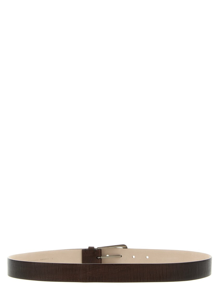 Brunello Cucinelli Textured Brown Leather Belt With Metal Buckle