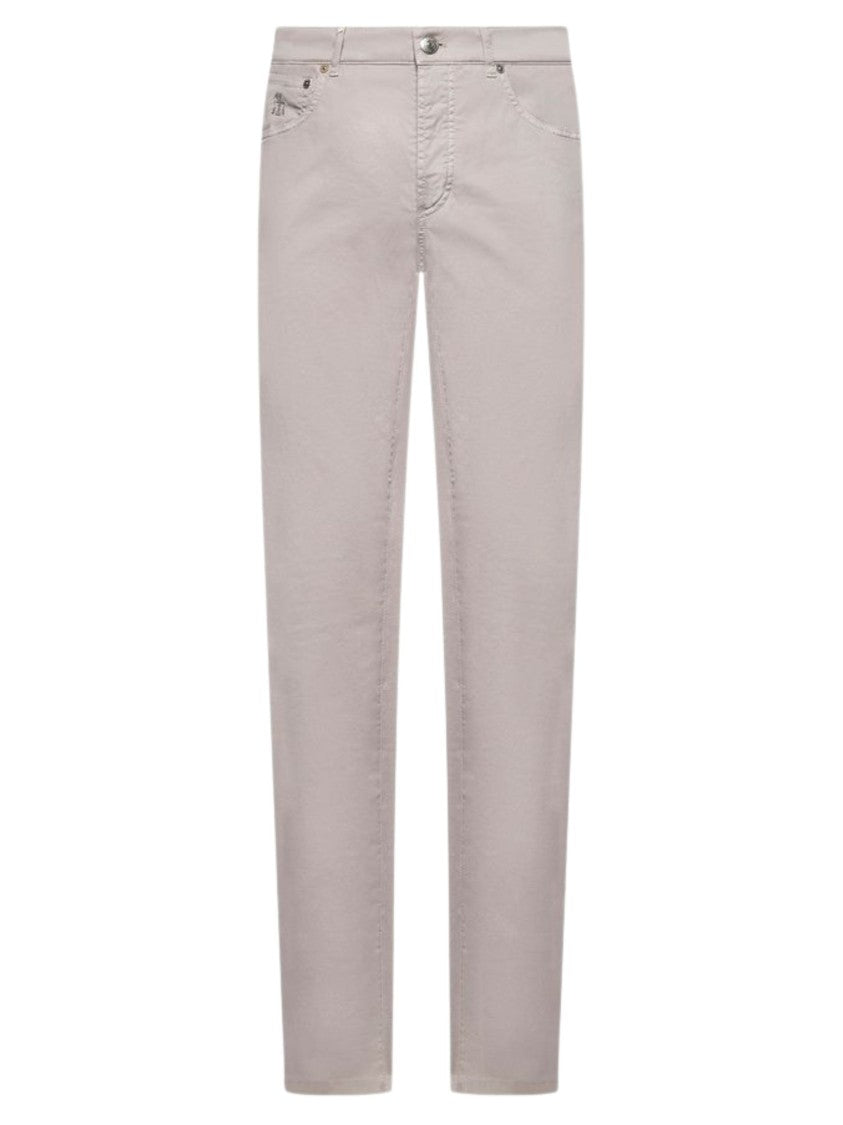 Brunello Cucinelli Beige Embroidered Logo Cotton Formal Pants