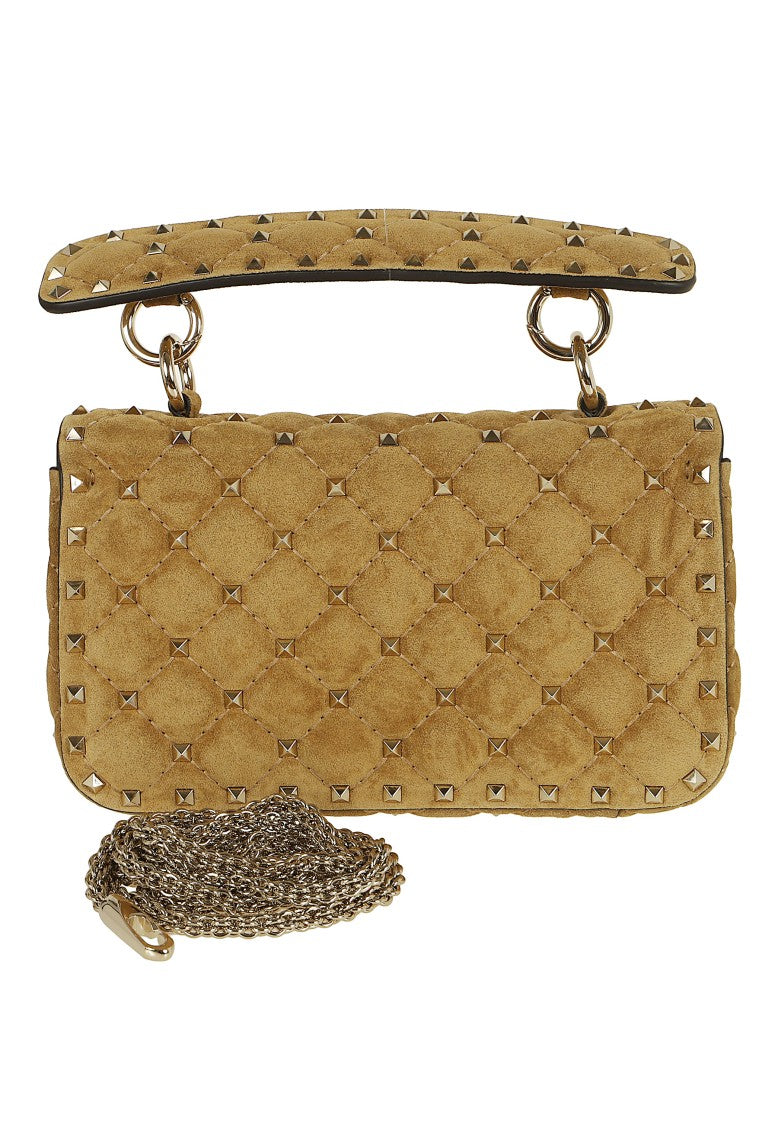 Valentino Garavani Beige Rockstud Spike Diamond-Quilted Suede Shoulder Bag