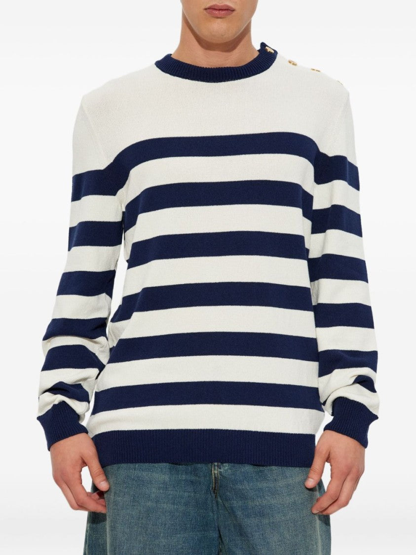 Balmain White Black Striped Shoulder Button Sweater