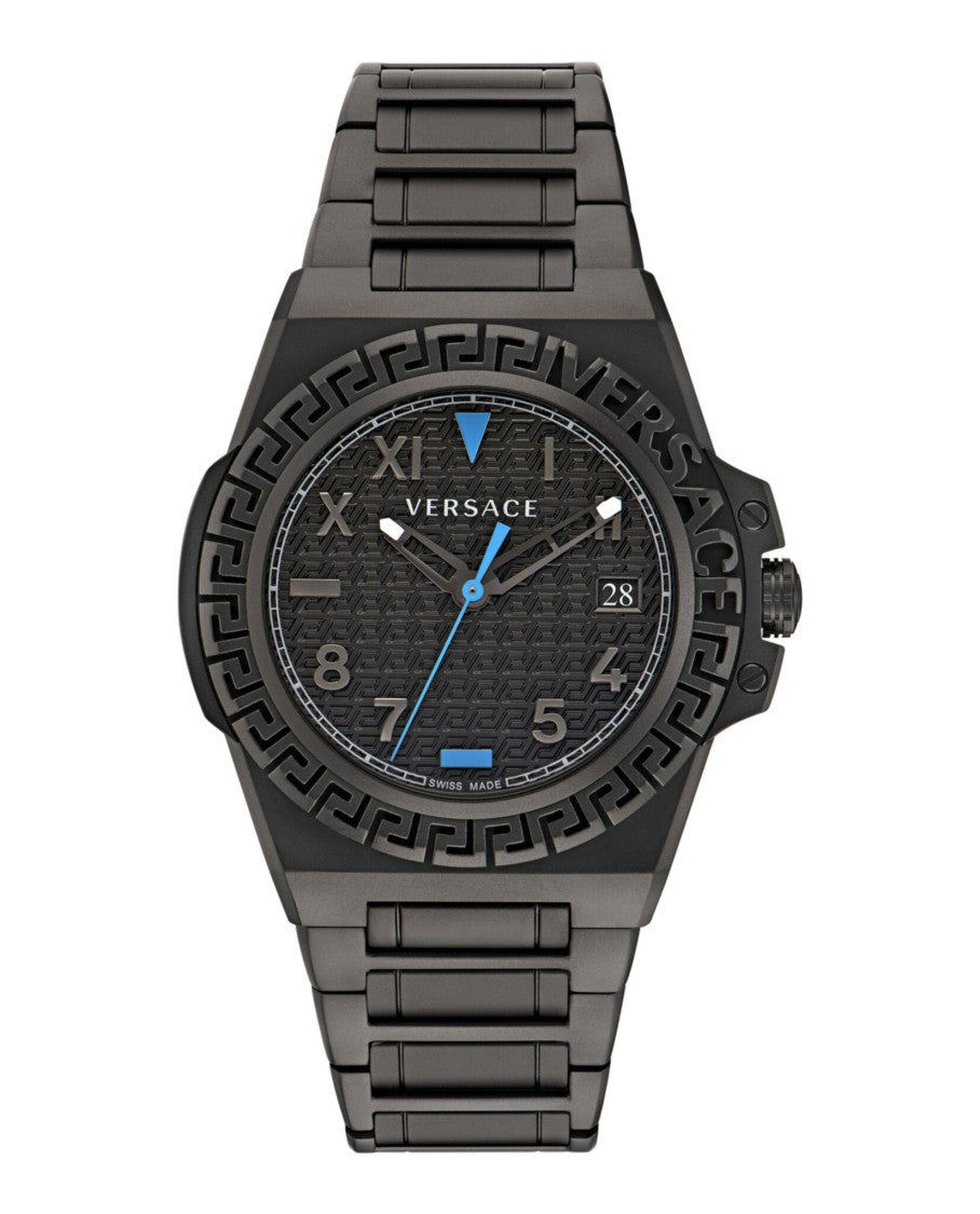 Versace Greca Reaction Bracelet Watch With Textured Black Guilloche Dial