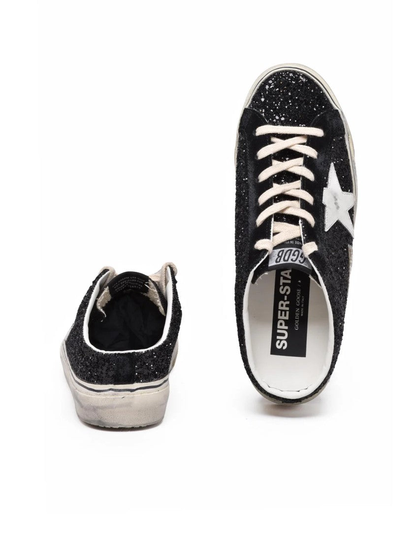 Golden Goose Black Super Star Glittery Leather-Blend Sneakers