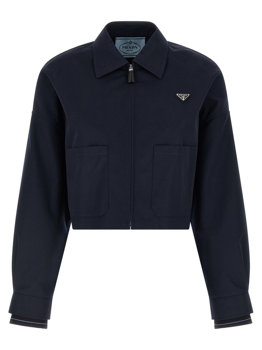 Prada Cropped Poplin Blouson With Enameled Logo And Ribbed Cuffs