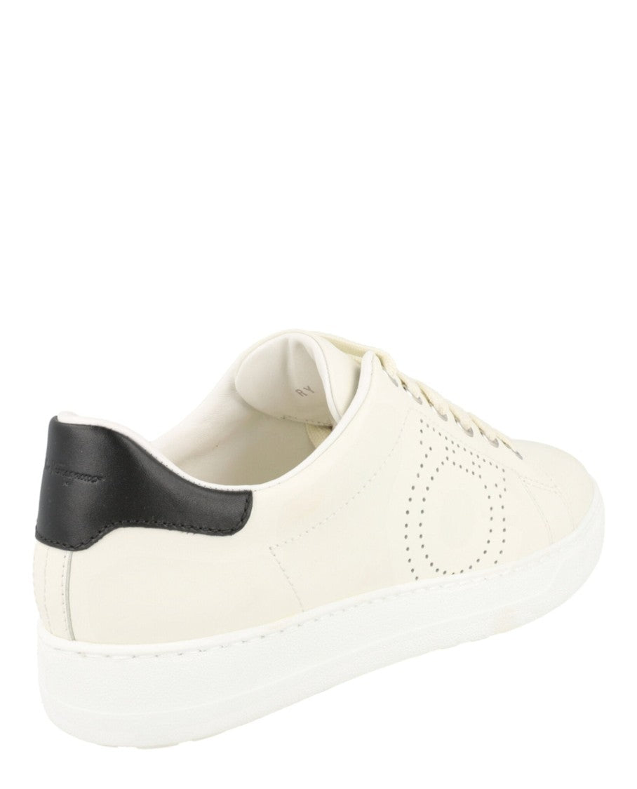Ferragamo White Calfskin Leather Low-Top Sneakers With Gancini Detailing