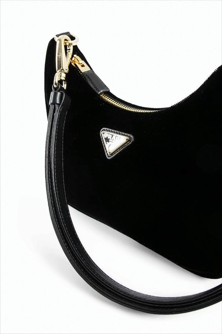Prada Curved Black Shoulder Bag With Gold Accents