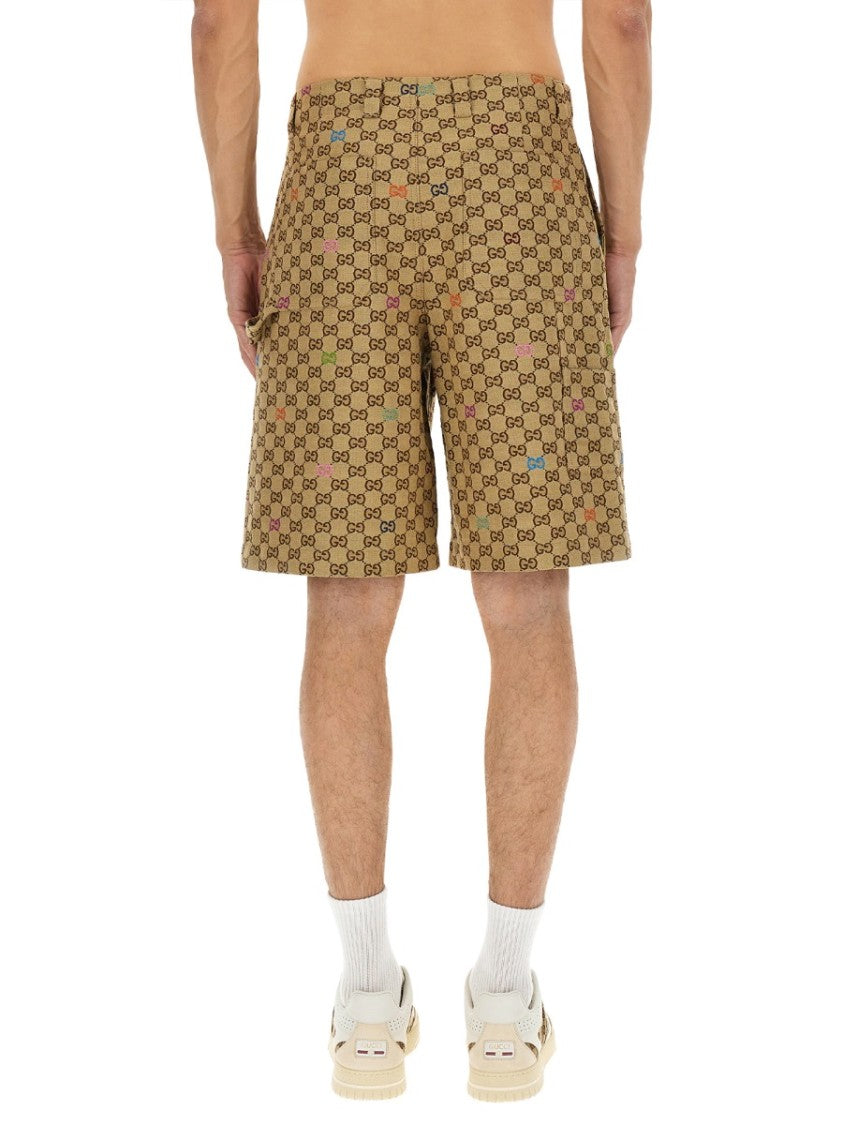 Gucci Gg Interlocking Pattern Beige Cotton Shorts