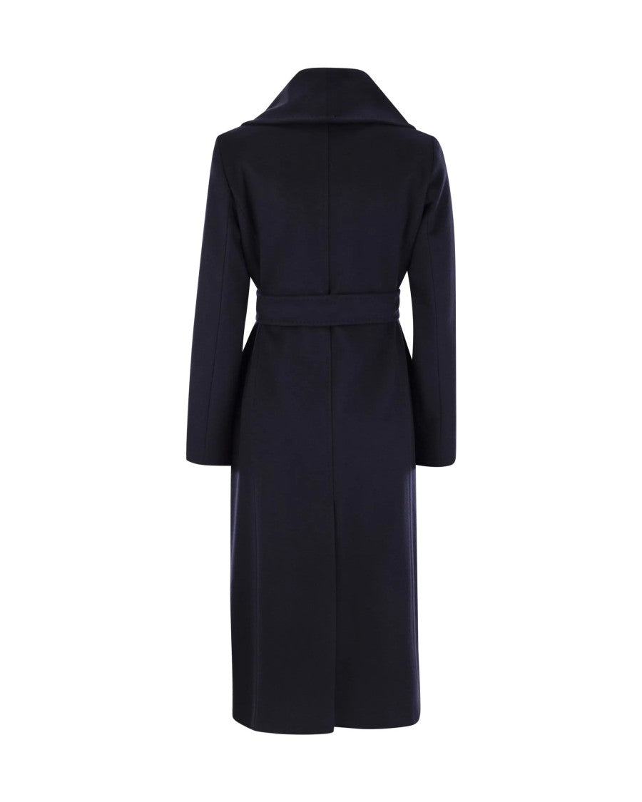 Max Mara Long Shawl Collar Coat With Waist Belt And Decorative Topstitching