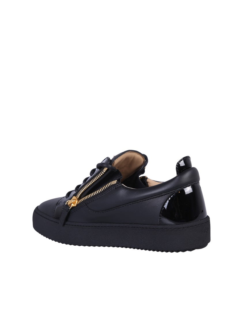 Giuseppe Zanotti Lace-Up Black Leather Sneakers Gold-Zipped Sides