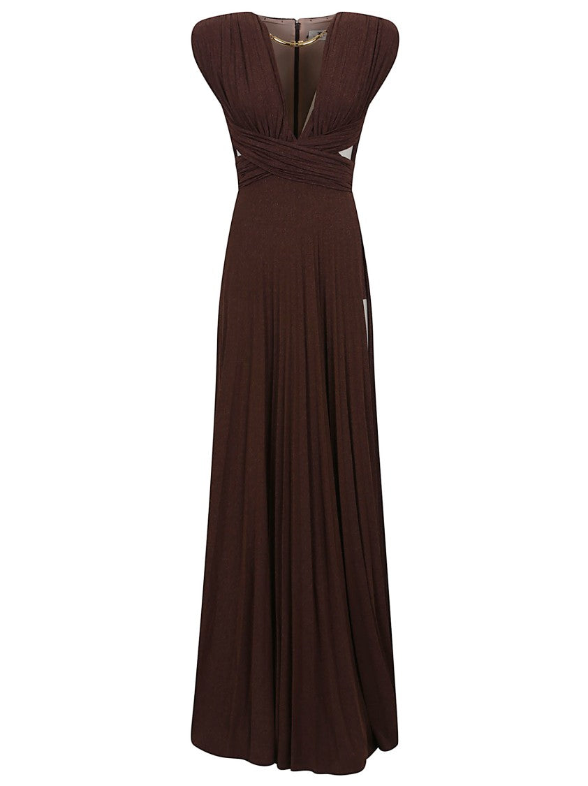 Elisabetta Franchi Pleated Brown Skirt With Crossover Bodice And V-Neckline
