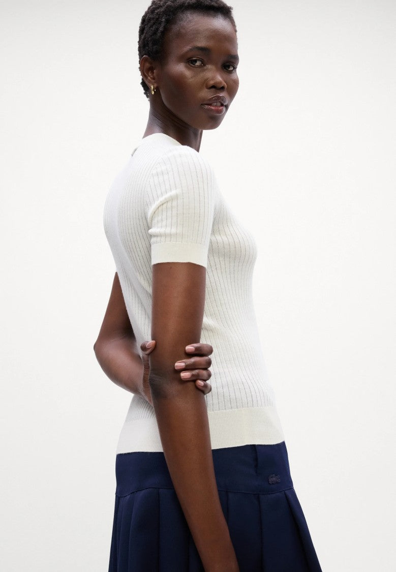 Lacoste White Short Sleeve Ribbed Knit Top
