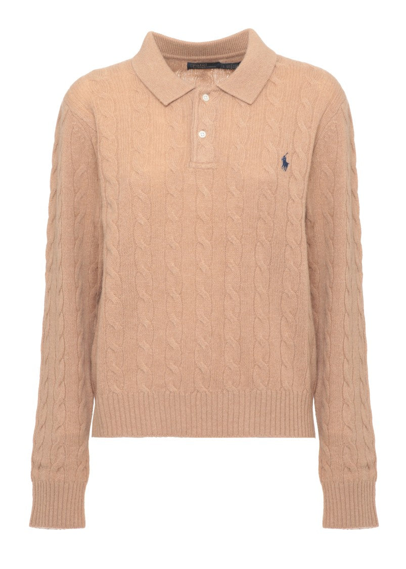 Polo Ralph Lauren Beige Button Collar Cable-Knit Wool Sweater