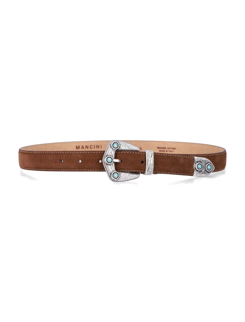 Mancini 1979 Padded Brown Suede Belt With Turquoise Stone Accents