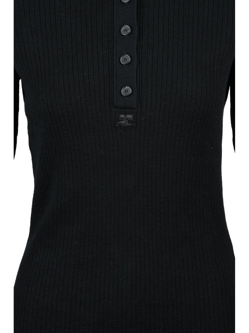 Courrèges Black Knit Polo Shirt With Ribbed Texture And Fitted Silhouette