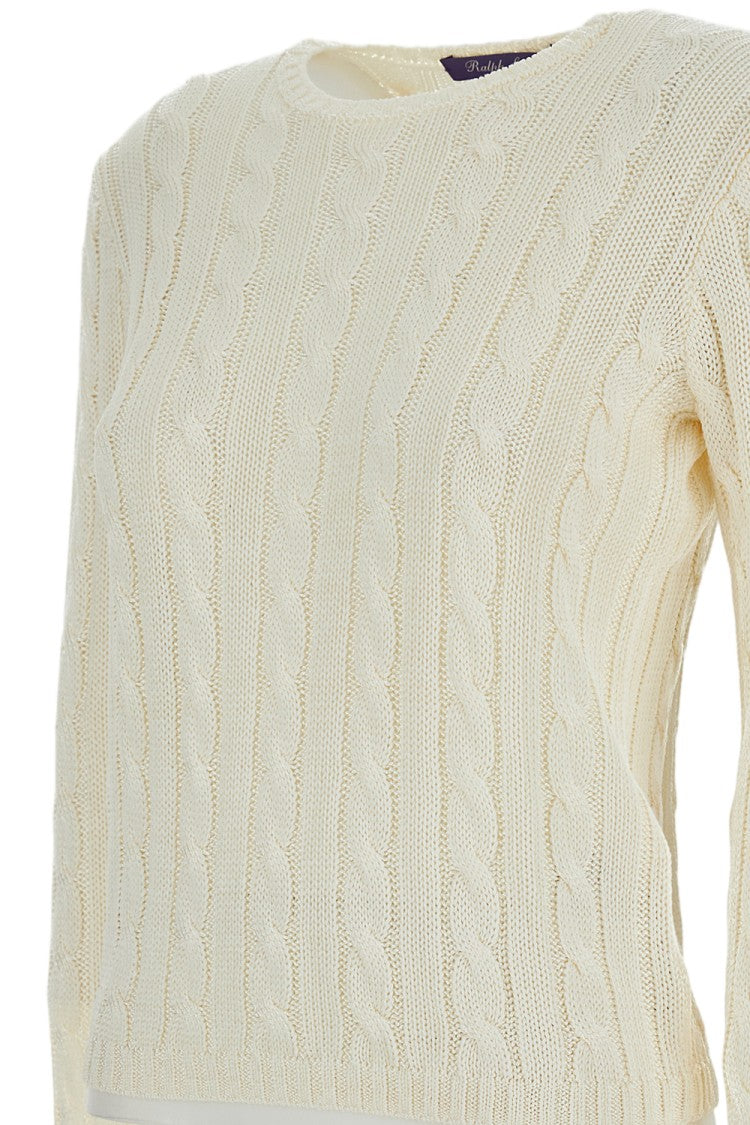 Ralph Lauren Collection Cropped Cream Cable Knit Sweater With Ribbed Trim