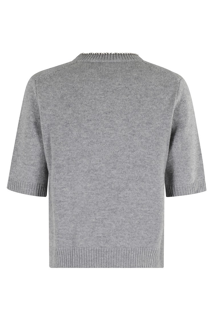 Semi Couture Rhinestone-Neckline Short Sleeve Sweater