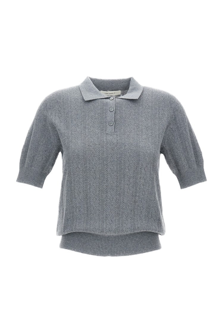 Lisa Yang Cropped Grey Wool Sweater With Polo Neckline And Ribbed Details