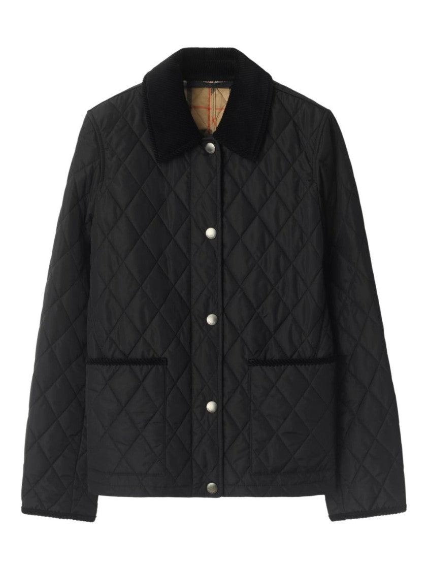 Burberry Black Quilted Jacket With Corduroy Collar And Diamond Pattern