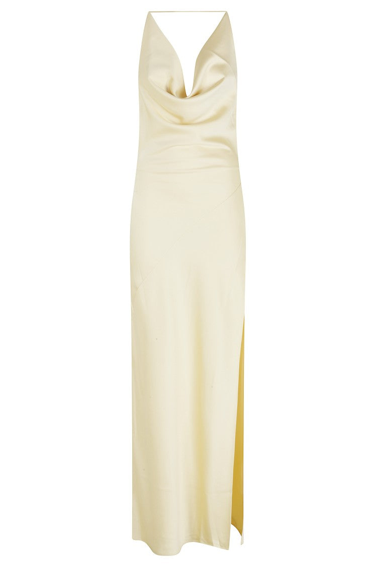 The Andamane Yellow Vera Cowl-Neck Open-Back Polyester Evening Dress