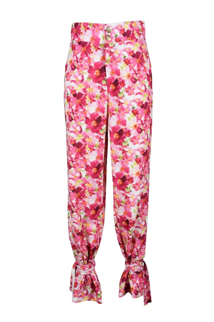 Feminista High Waist Trousers With Floral Pattern And Tied Ankle Detail