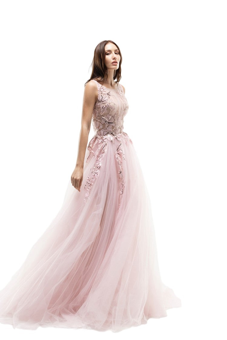 Saiid Kobeisy Dandelion-Embroidered Tulle Evening Dress
