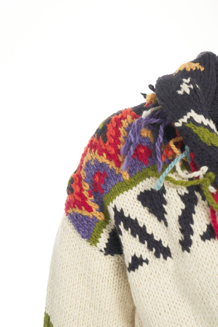 Frantic Multicolored Knit Cardigan With Fringe And Oversized Shawl Collar