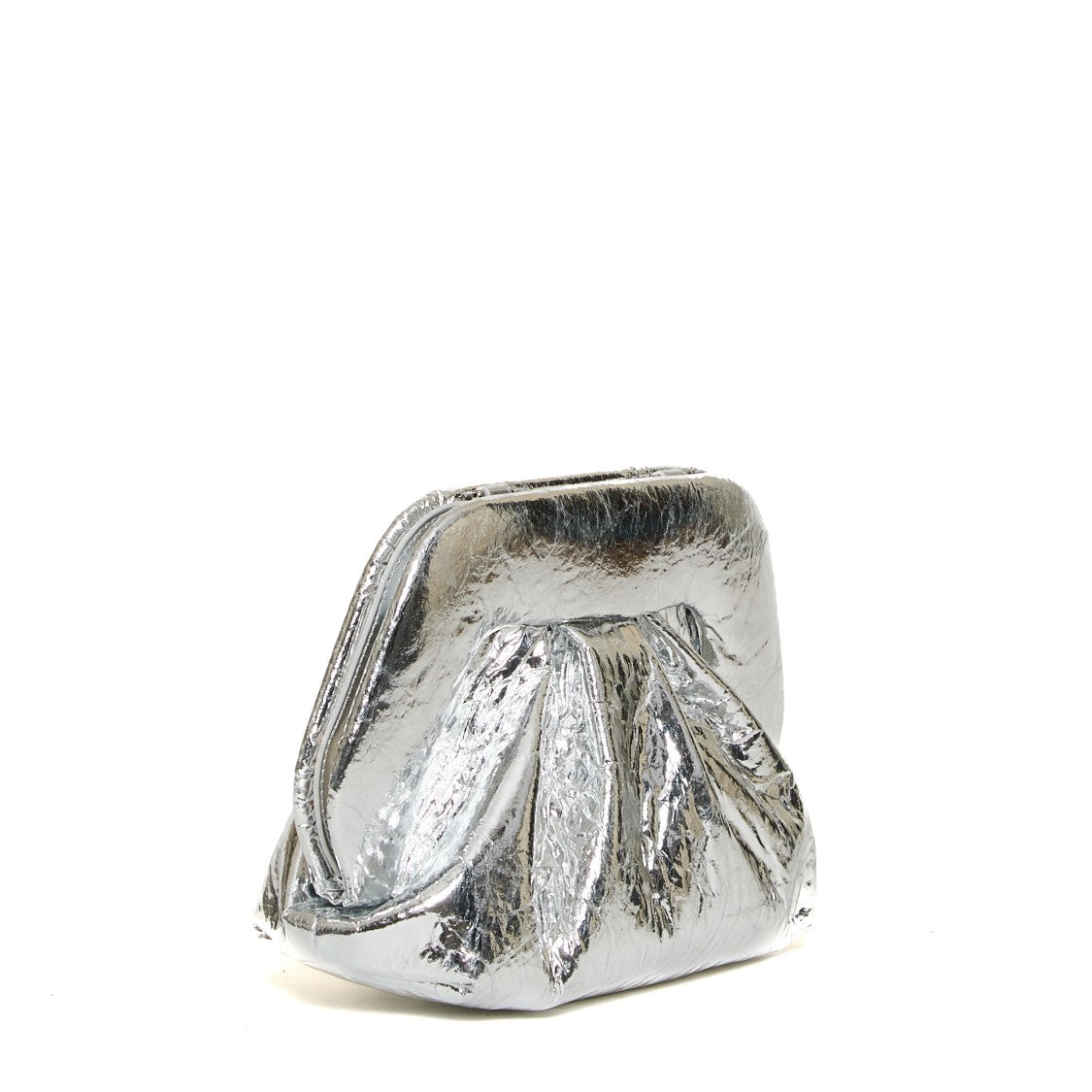 Themoirè Silver Mirror Clutch With Crinkled Texture And Compact Design