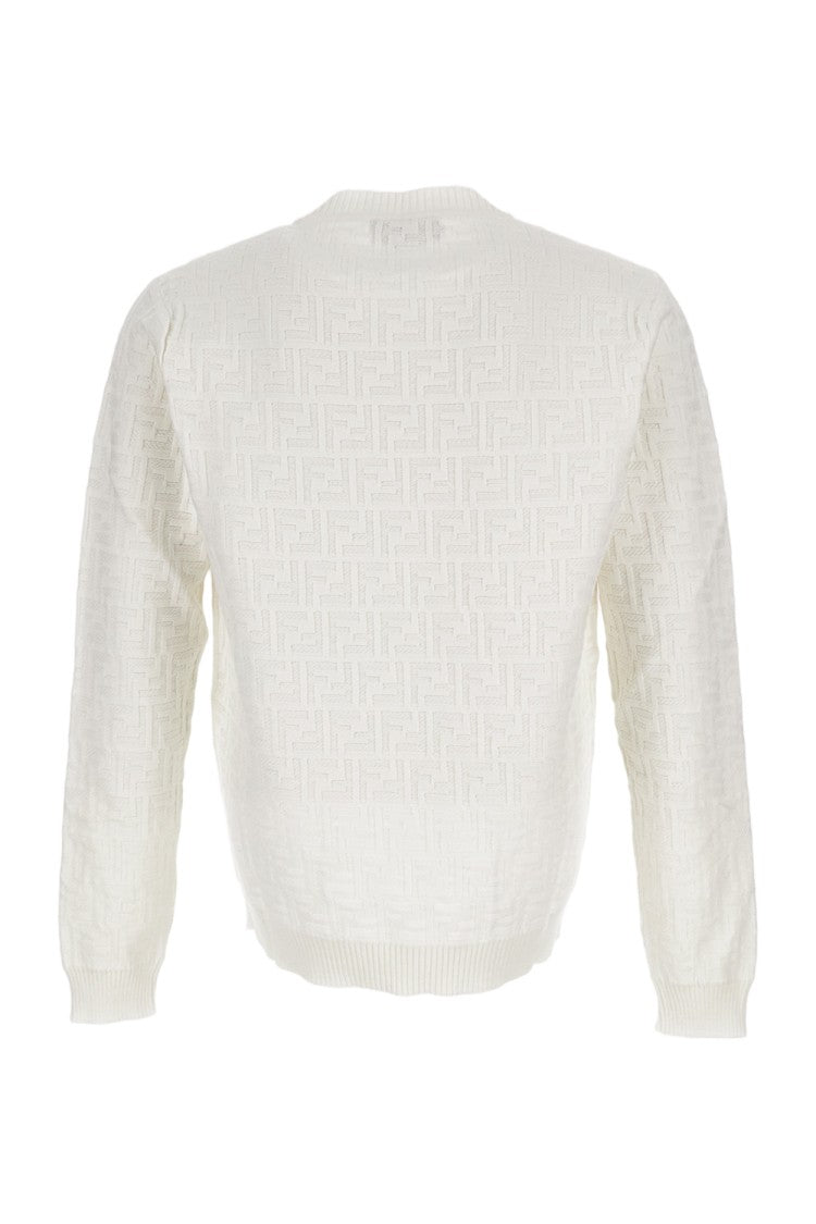 Fendi Textured White Crewneck Sweater With Ribbed Details