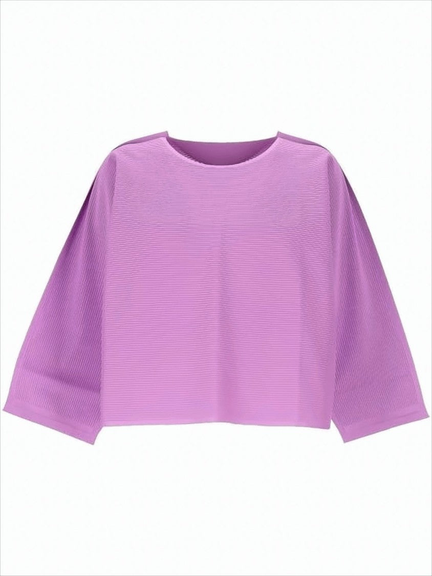 Pleats Please Cropped Long-Sleeve Ribbed Top With Flared Sleeves