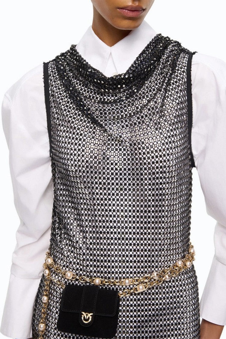 Pinko Black Polyester-Elastane Blend Mesh Cowl-Neck Dress