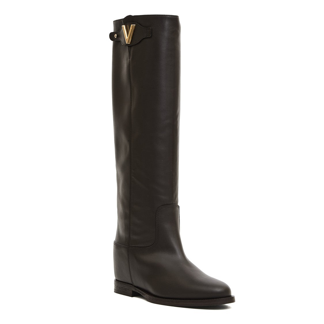 Via Roma 15 Tall Brown Leather Boots With Gold Accent And Internal Lift