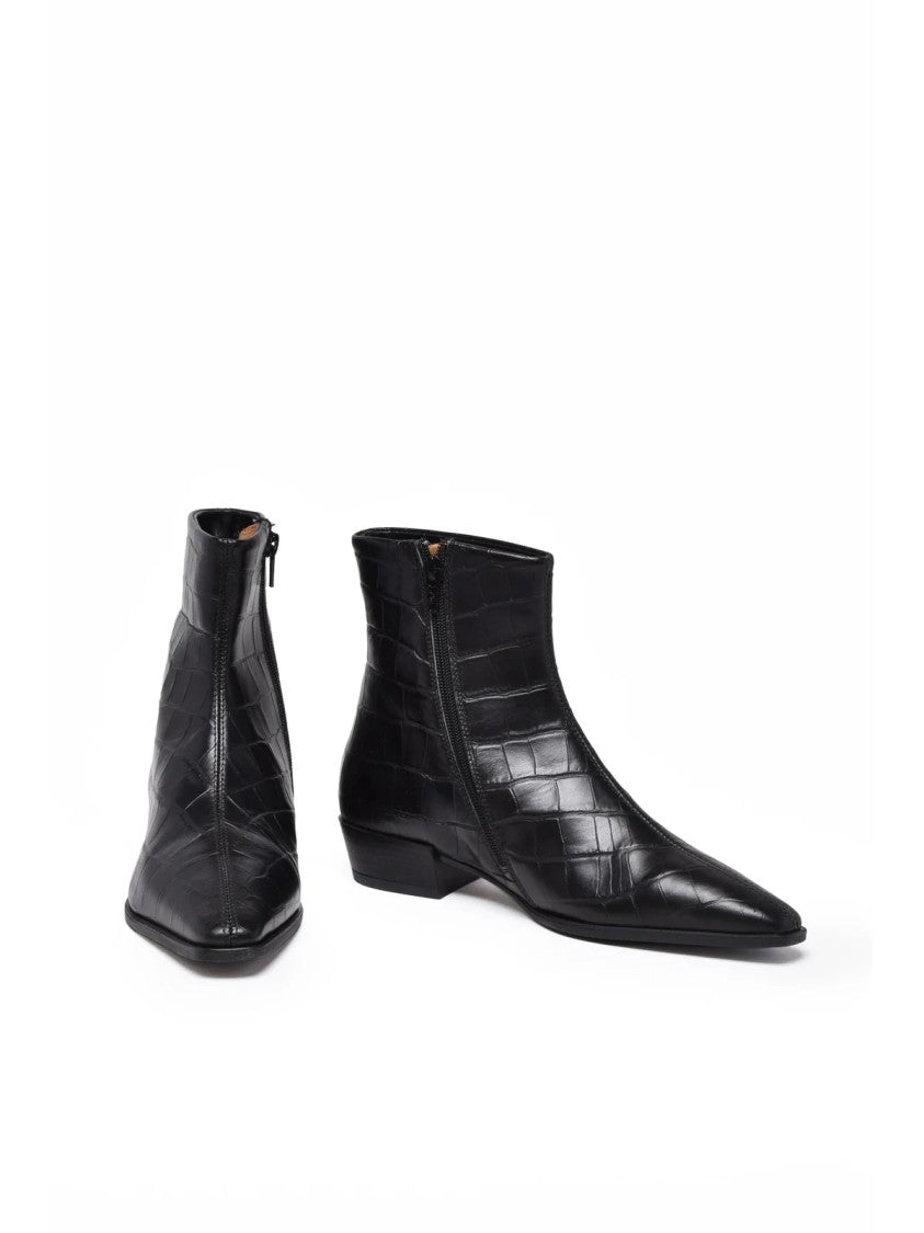 Copenhagen Studios Black Textured Leather Zip Pointed Toe Ankle Boots