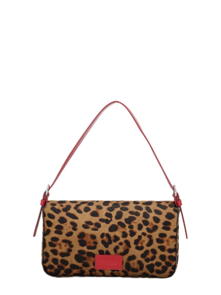 Staud Leopard Print Handbag With Structured Silhouette And Red Accents