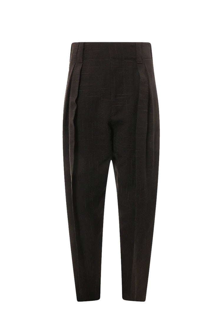 Bottega Veneta Brown Windowpane Check Pleated Viscose-Silk Formal Pants