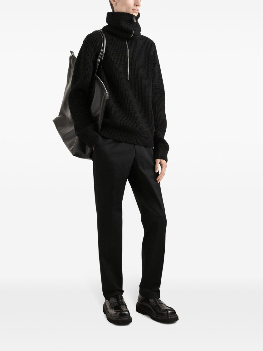 Dolce & Gabbana Black Ribbed Knit Half-Zip Wool Pullover