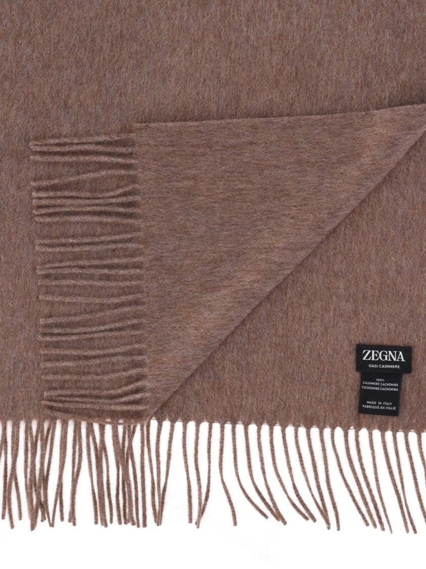 Zegna Light Brown Cashmere Scarf With Leather Patch