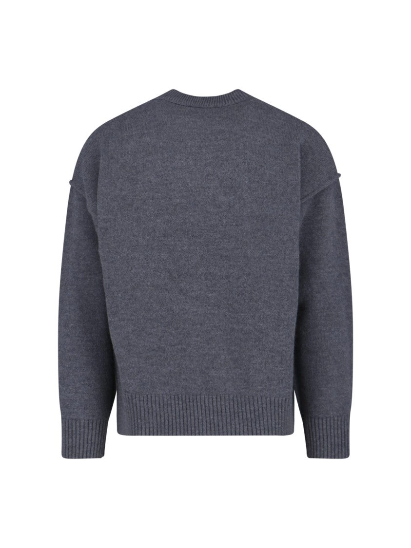 Ami Paris Relaxed Fit Grey Wool Sweater With Contrast Heart Logo