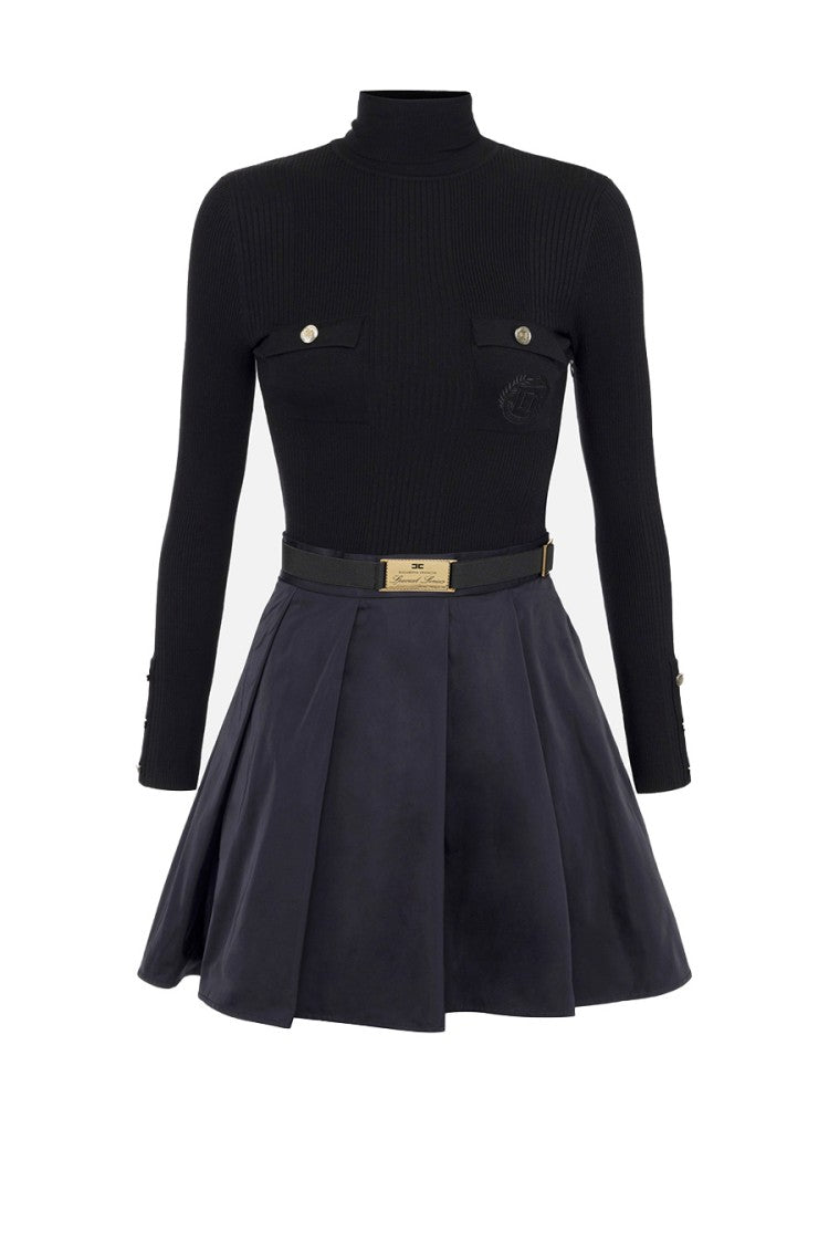 Elisabetta Franchi Ribbed Black Dress With Flared Skirt