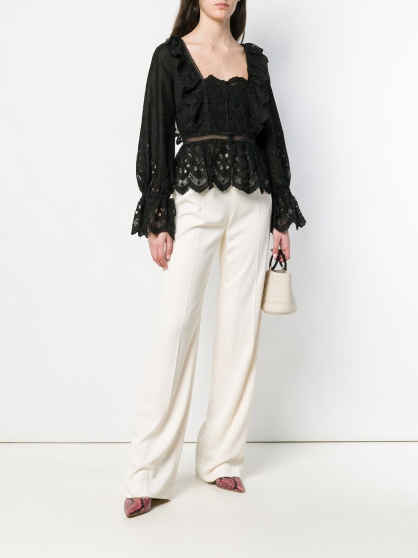 Self-Portrait Black Macramè Shirt With Floral Lace Patterns