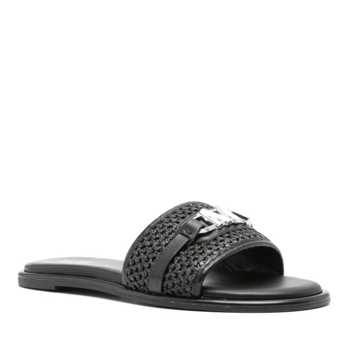Michael Kors Black Ember Woven Strap Metallic Emblem Slide Slippers