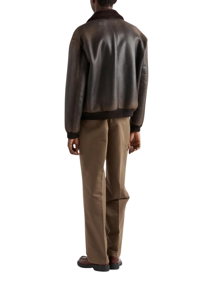 Prada Brown Treated Leather Bomber Jacket