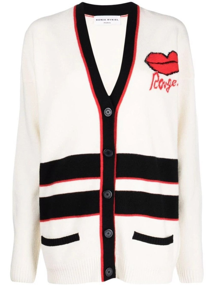 Sonia Rykiel White Wool Cardigan With V-Neckline And Playful Embroidery