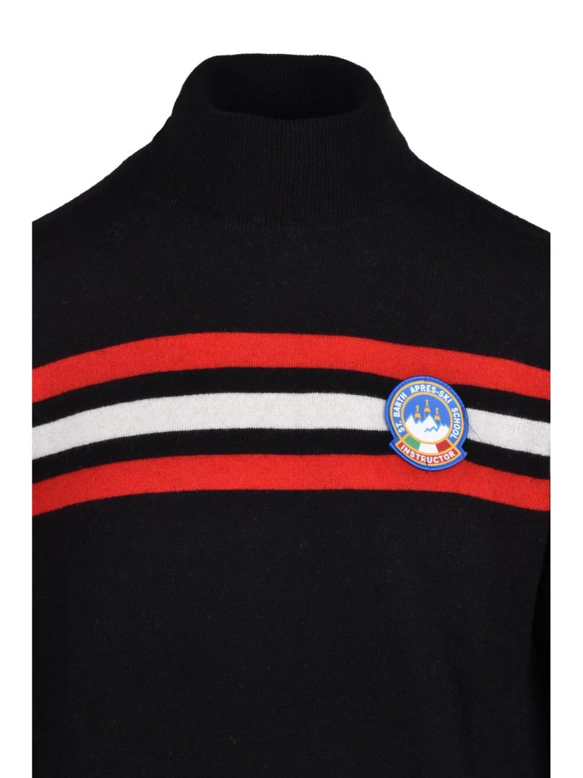 Mc2 Saint Barth Black Striped Emblem Wool-Blend Turtleneck