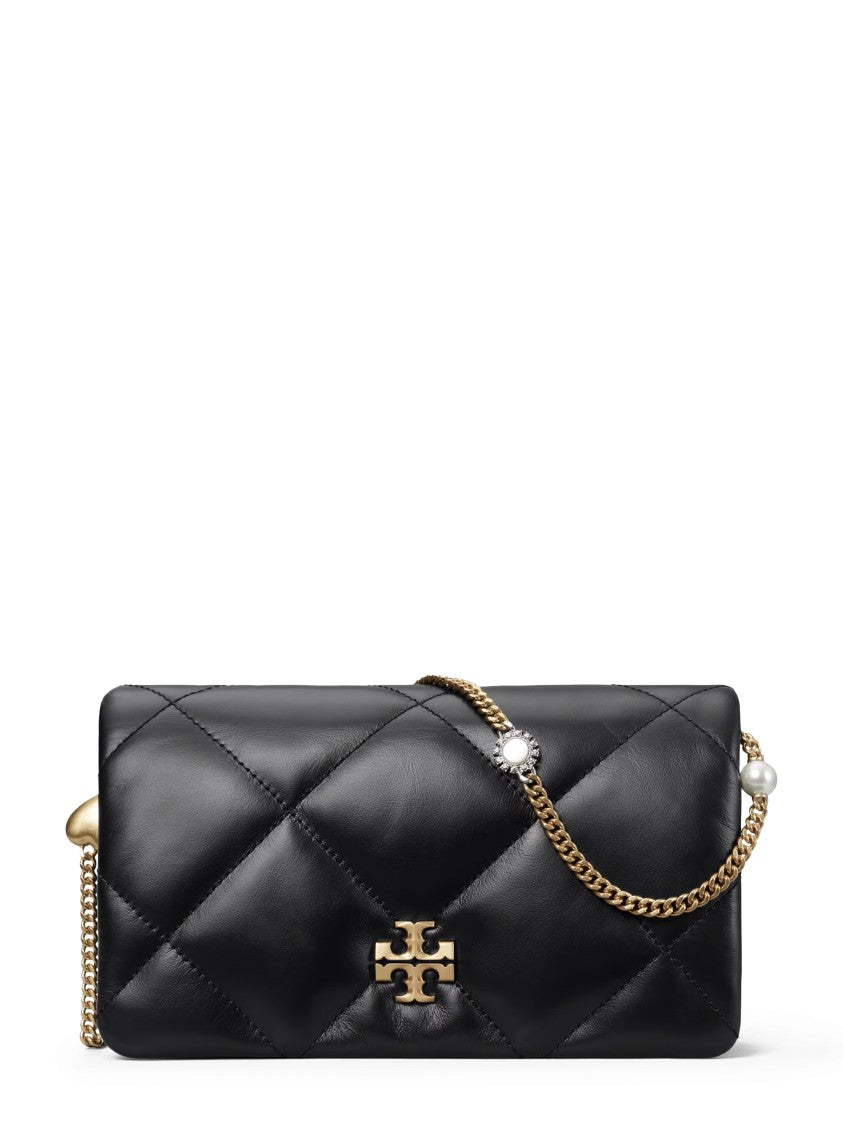 Tory Burch Quilted Black Leather Chain Wallet With Charm Accents