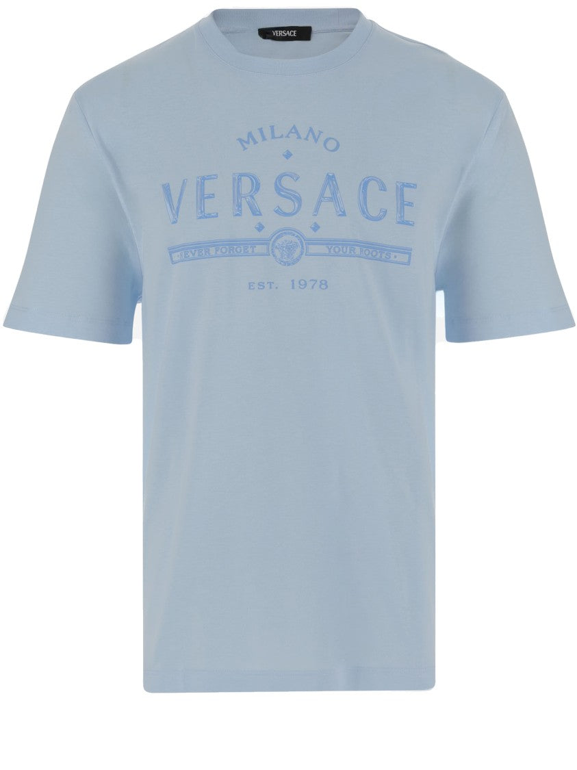 Versace Light Blue Cotton T-Shirt With Logo Print